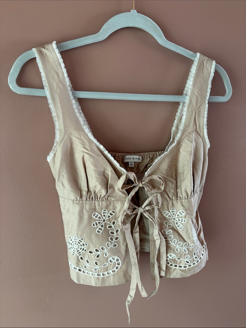 Moon River Beige Lace-Up Embroidered Top